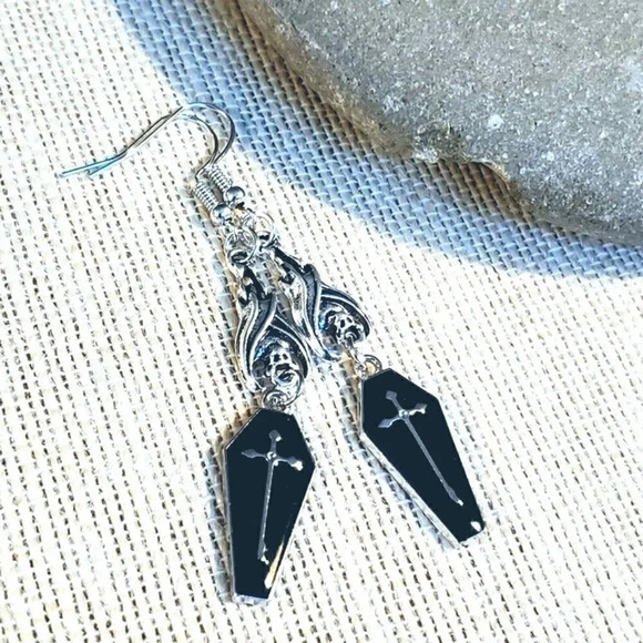 Goth Midnight Black Vampire Coffin Hanging Bat Silver Cross Enamel Earrings - Picture 1 of 8